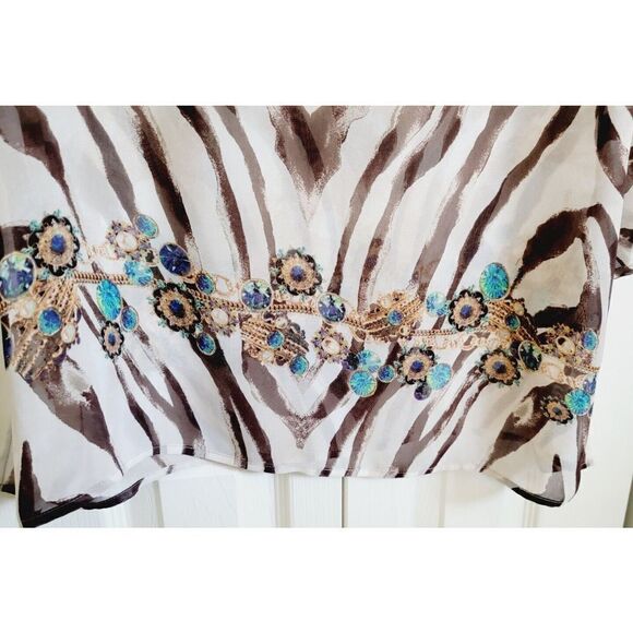 Chicos 1 Sheer V~Neck Top Animal Print‎ w/Brown &  Turquoise Border Jewel Design - Picture 5 of 6